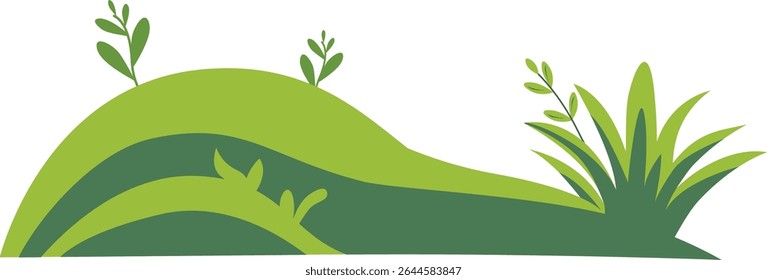 Layered green hills with fresh grass and small plants, perfect for park scenery, nature backgrounds, eco-friendly landscapes, garden decoration, and outdoor environment illustrations.