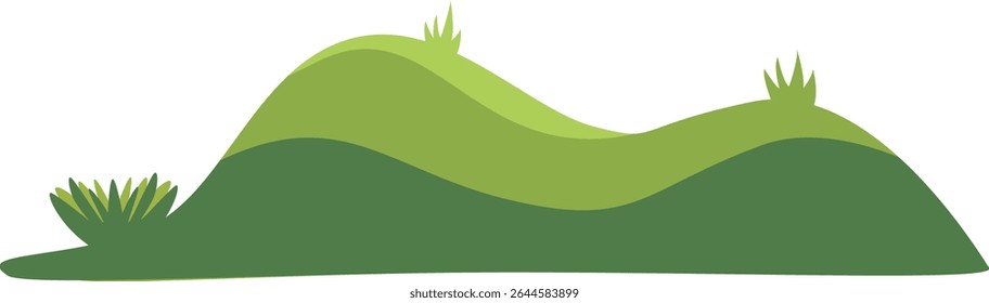 Layered green hills with small grass patches, ideal for nature scenery, eco-friendly landscape designs, garden backgrounds, outdoor park visuals, spring environment.