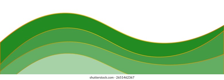 Layered green hills vector background with wavy lines and golden edges, ideal for eco designs, landscapes, farming, or environmental and nature concepts