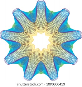 Layered guilloche sunburst rosette with webbed spokes in turquoise, green, purple and cut open star in bright yellow hues.
