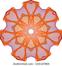 Layered guilloche wheel rosette with lattice woven lines in bright orange, deep red, and dark orange.
