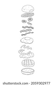 Layered Hamburger Hand Drawn Sketch. Set Of Ingredients For Burger Or English Muffin For Breakfast. Sliced Veggies, Bun, Egg And Meat.