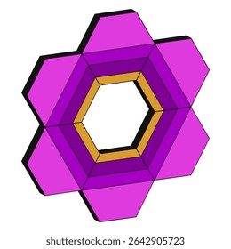 Layered hexagon design. Purple gradient stack. Dynamic vector geometry. Isometric abstract badge.