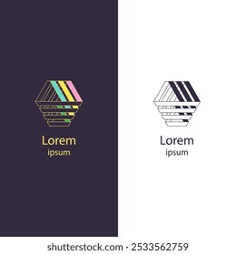 Layered hexagonal logo with colorful stripes creating a geometric design, symbolizing structure, balance, and growth.