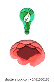 Layered human brain and eco light bulb cut out of paper on white background. Eco friendly idea and innovation. Paper cut origami. Vector illustration for article, banner, cover and your design