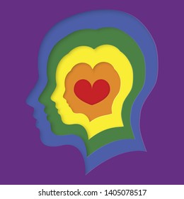 Layered human head in paper cut style isolated with LGBT color backgrounds for pride day celebration, illustration vector 