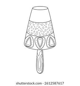 Layered Ice Cream with Strawberry doodle style isolated. Hand drawn black and white isolated logo. line art design element for web graphic design, poster. Coloring page art therapy illustration