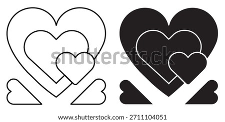 Layered icon featuring three hearts of different sizes nested or stacked. Represents growing love, family, multiple affection levels, strong connection, and boundless passion.