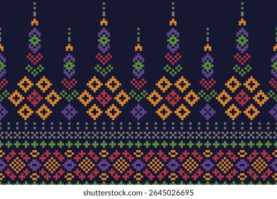 Em camadas, inflorescências em formas geométricas, multicoloridas, padrão horizontal sem costura em um fundo preto.