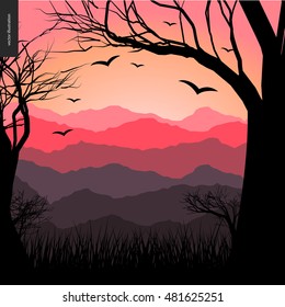 Layered landscape illustarted poster. Vector cartoon illustration of a forest, flying black birds, a tree and grass on the foreground and sunset lighted hills on the background.