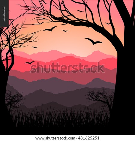 Layered landscape illustarted poster. Vector cartoon illustration of a forest, flying black birds, a tree and grass on the foreground and sunset lighted hills on the background.