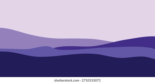 Uma ilustração de paisagem em camadas com colinas onduladas em vários tons de roxo, criando um efeito de gradiente de claro para escuro.