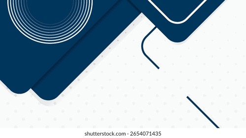 A layered layout features overlapping dark blue squares with rounded corners and white concentric circles, contrasted by a dotted white background and curved lines for a modern aesthetic