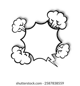  Layered line art speech bubbles featuring stylish halftone shadows. Ideal for comics, social media posts, advertisements, and graphic design projects.