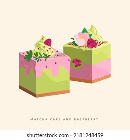 Pastel de tarta de frambuesa de matcha estratificada aislado en un fondo beige. Papel de ilustración plana de vectores
