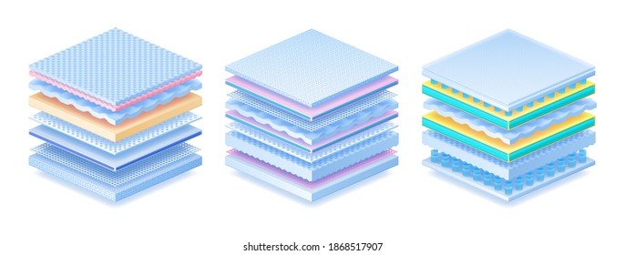 Layered material. Realistic orthopedic mattress, baby diaper or sanitary pad. 3D advertising models. Isolated antibacterial disposable textiles. Soft filler, comfort synthetic fiber, vector sample set