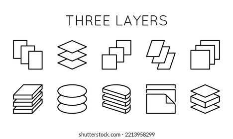 Layered materials icons set. Three-layer materials. Fabric, sheets, substrate, coating, membrane, insulation.