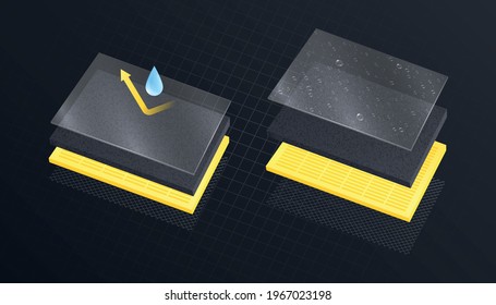 Layered materials realistic composition with view of rectangular layers in stack with drop and arrow icons vector illustration