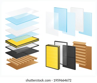 Layered materials realistic set with isolated images of material rows with views of single layers stacks vector illustration