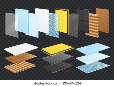 Layered materials realistic set with transparent background and rectangular samples of materials layers with ready products vector illustration