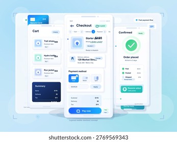 Layered mobile checkout interface with shopping cart, secure payment method, delivery details and order confirmation app screen sequence.