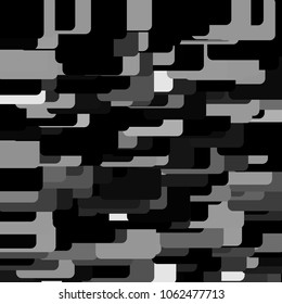 Layered mosaic vector background. Rounded rectangular elements. Monochrome scaled geometric texture. Spots, stains, rounded uneven figures, rectangles. Decorations, packaging, textile fabric design.
