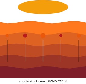 Layered mountain hills sunset landscape with glowing sun and location pin markers