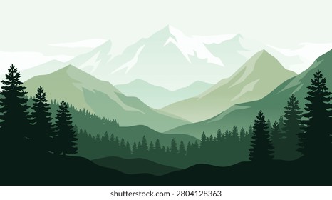 Layered Mountain Range Vector Illustration With Evergreen Trees And Gradient Sky