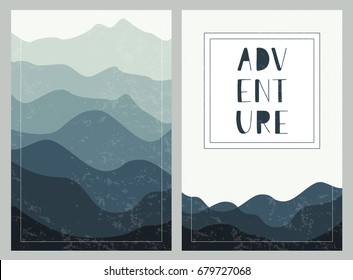 Layered mountains backgrounds with hand drawn lettering. Adventure. Set of outdoor cards. Vector template for brochures, leaflets, flyers and covers design. Front and back page.