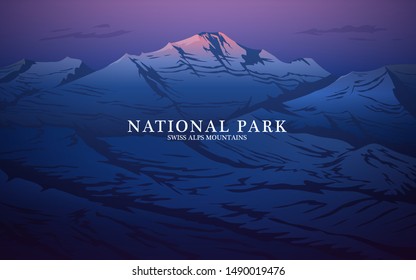 Layered mountains banner. Dark blue landscape and pastel sunset. Hiking and camping concept. Unbelievable Fog in the swiss valley and Austrian Alps and forest. Vector Background for travel poster.