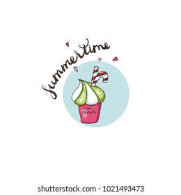 A layered multicolored ice cream cone with a candy stick in it. Vector illustration in a blue green frame on a white background with a Summertime lettering.