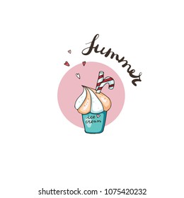 A layered multicolored ice cream cone with a candy stick in it. Vector illustration in a blue pink frame on a white background with a Summer lettering.
