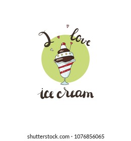 A layered multicolored ice cream cone with a stick with a heart in it. Vector illustration in a green frame on a white background with an I love Ice Cream lettering.