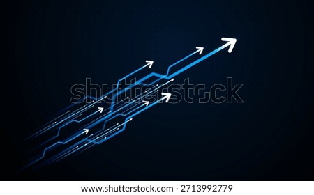 Layered neon lines converge into a bold arrow, representing unified data driving market momentum. and Parallel arrows glide across a dark grid, visualizing