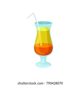 Layered orange and yellow alcoholic cocktail with straw cartoon vector Illustration