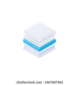 Layered orthopedic mattress advertisement 3d realistic vector illustration isolated on white background. Breathable and comfortable spine supporting materials for bed.