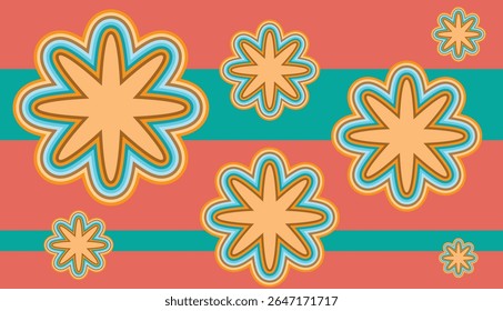 Layered, outlined, eight-petal flowers in shades of peach, gold, and light blue float on a coral background with horizontal turquoise stripes, creating a retro, 1970s-inspired design