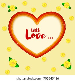 Layered paper art. Paper cut heart shapes. 3D illustration, abstract background. Greeting, postcard for romance and love relations with summer flowers. Modern origami design template.