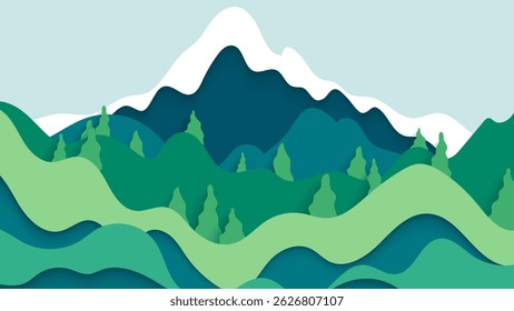 Layered Paper Art Illustration of Mountain and Forest