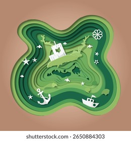 Layered Paper Art Island Scene with Boat, Anchor, and Stars