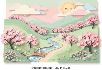 A layered paper craft landscape featuring blooming cherry trees, a river, and hills.