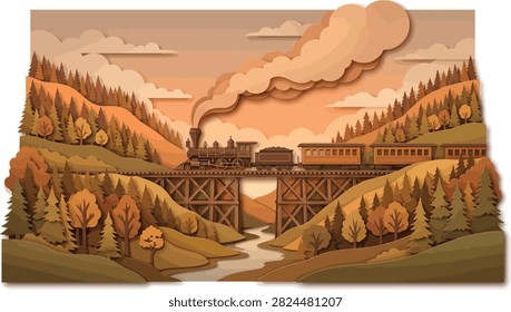 A layered paper craft scene featuring a steam train crossing a bridge in a hilly.