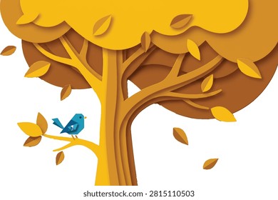 Layered paper cut 3D style autumn tree with falling yellow leaves and a small blue bird sitting on a branch, seasonal nature illustration.