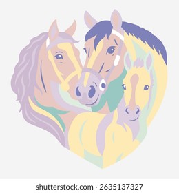 O papel em camadas cortou a arte de três cavalos pastel formando uma forma de coração. Design de caixa de sombra 3D para os amantes do cavalo, família e decoração rústica