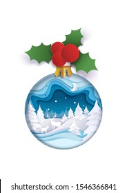 Layered paper cut Christmas tree ball with winter night landscape, reindeer family inside and holly berry, vector isolated illustration. Merry Christmas Happy New Year composition in paper art style.