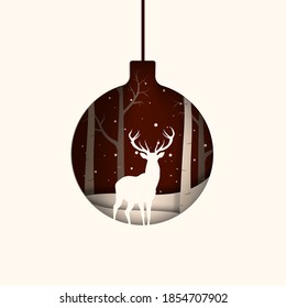 Layered paper cut Christmas tree ball with winter night landscape, reindeer family inside, vector isolated illustration. Merry Christmas Happy New Year composition in paper art style.