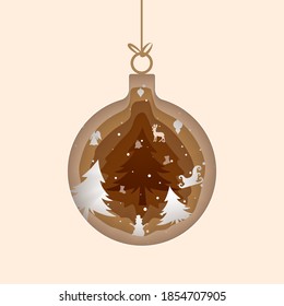 Layered paper cut Christmas tree ball with winter night landscape, reindeer family inside, vector isolated illustration. Merry Christmas Happy New Year composition in paper art style.