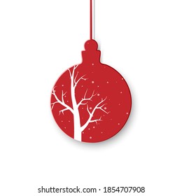 Layered paper cut Christmas tree ball with winter night landscape, reindeer family inside, vector isolated illustration. Merry Christmas Happy New Year composition in paper art style.