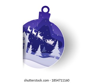Layered paper cut Christmas tree ball with winter night landscape, reindeer family inside, vector isolated illustration. Merry Christmas Happy New Year composition in paper art style.