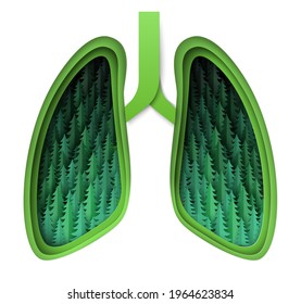 Layered paper cut craft style human lungs with fir trees inside, vector illustration. Forests, green lungs of the Earth. Save nature, ecology.
